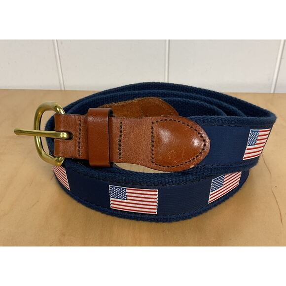 Leather Man Ltd Made in Essex CT Patriotic Flag Belt Leather and Navy Canvas 44 - Picture 1 of 5